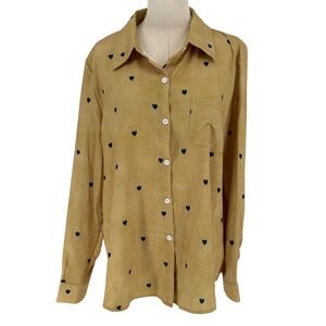 Unbranded Heart Print Button Down Shirt Mustard Yellow Long Sleeve Large